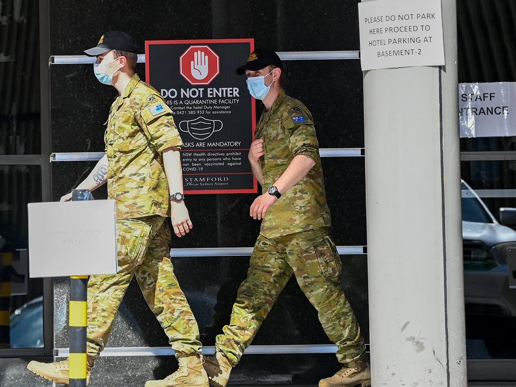 ADF members help with hotel quarantine at the Stamford Plaza Sydney Airport Hotel. Picture: NCA NewsWire/Bianca De Marchi