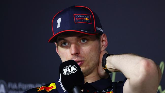 JEDDAH, SAUDI ARABIA - APRIL 20: Second placed Max Verstappen of the Netherlands and Oracle Red Bull Racing in the Drivers Press Conference during the F1 Grand Prix of Saudi Arabia at Jeddah Corniche Circuit on April 20, 2025 in Jeddah, Saudi Arabia. (Photo by Clive Rose/Getty Images)