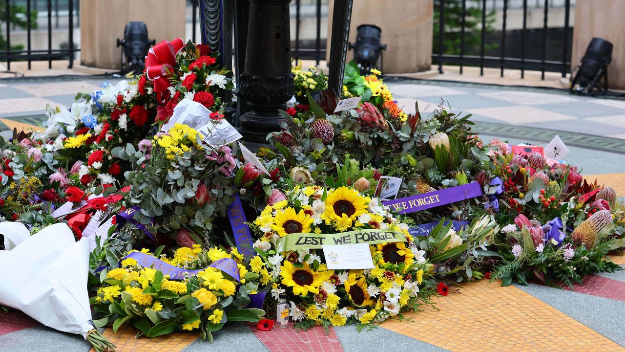 Floral wreaths at the Shrine of Remembrance during the Anzac Day Parade held in Brisbane. Picture: NCA NewsWire/Tertius Pickard