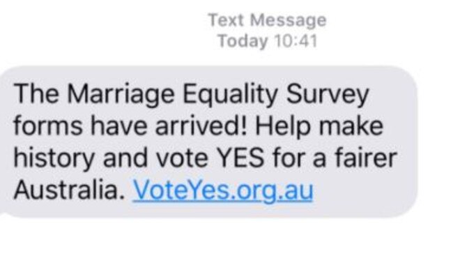 A text message being sent to Australians by the Yes campaign. Picture: Supplied