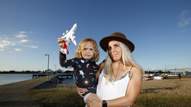 Zoe Earl, with Sunny Earl, 4, at Colmslie Recreation Reserve. The area is one of the hardest hit by plane noise but Airservices says proposed new flight paths could share the burden. Picture: Josh Woning