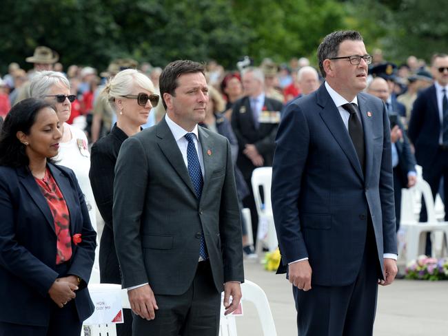 MELBOURNE, AUSTRALIA - NewsWire Photos NOVEMBER 11, 2022: Victorian Premier Daniel Andrews and Opposition Leader Matthew Guy at the Remembrance Day c ceremony at the Shrine of Remembrance in Melbourne. Picture: NCA NewsWire / Andrew Henshaw