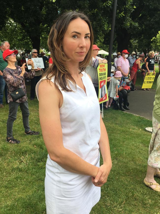 Sarah Bowles daughter of Sue Neill-Fraser at a rally on parliament lawns Hobart calling for Commission of Inquiry to look at all aspects of her case. Picture: Sue Bailey