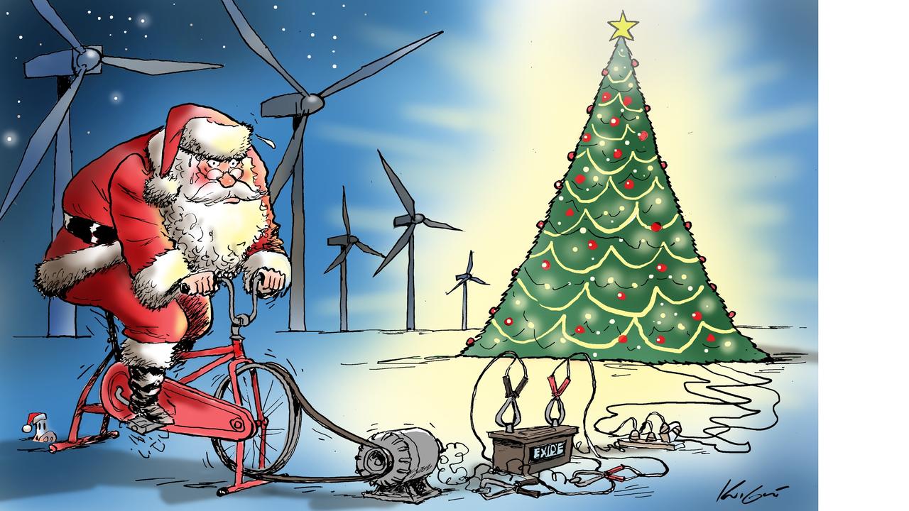 Mark Knight's 2024 Christmas card suggests Santa might have to pedal hard to keep the Christmas tree lights on as an energy supply crisis looms in Australia. Picture: Mark Knight