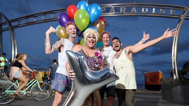 New Surfers Paradise gay-friendly bar Rise opened four hours earlier last night to celebrate the country voting yes to same-sex marriage - getting ready to celebrate is new Rise bar owner Clinton Maxwell (left), Dame Martini Fernando Ice, Brock Thorp and Carmelo Munzone. Photo: Richard Gosling