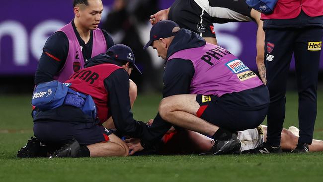 Angus Brayshaw is tended to after the incident during last year’s qualifying final against Collingwood. Picture: Michael Klein.