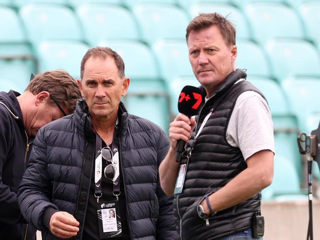 LONDON, ENGLAND - JUNE 06: Justin Langer and James Brayshaw look on during prior to the ICC World Test Championship Final 2023 at The Oval on June 06, 2023 in London, England. (Photo by Ryan Pierse/Getty Images)