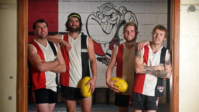 Nangwarry Football Club's Jay Ingley, Brett 'Monkey' Reddan, Harley Dunn and Jack Stratman are still battling on after their team has lost 58 matches in a row. Picture: Tom Huntley