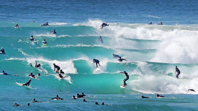 It’s important surfers wear a leg-rope, especially in overcrowded locations, for the safety of all. Picture: Luke Marsden.