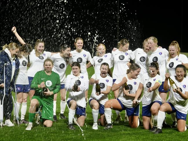 South Hobart celebrates after officially clinching the WSL title at Kingborough on Friday night. Picture: Victoria Morton