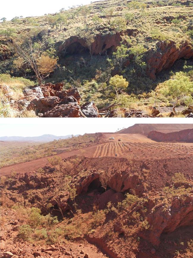 The Juukan Gorge in Western Australia in June 2013, top, and on May 15, 2020, bottom. Picture: Peter Parks / PKKP Aboriginal Corporation / AFP