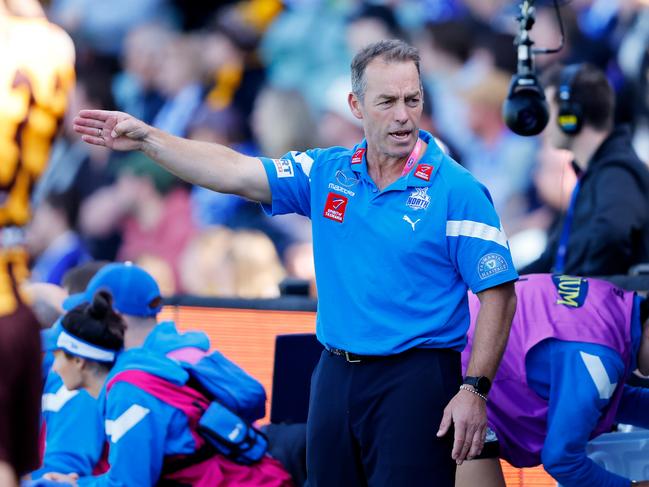 LAUNCESTON, AUSTRALIA - APRIL 01: Alastair Clarkson, Senior Coach of the Kangaroos coaches from the bench during the 2023 AFL Round 03 match between the Hawthorn Hawks and the North Melbourne Kangaroos at UTAS Stadium on April 1, 2023 in Launceston, Australia. (Photo by Dylan Burns/AFL Photos via Getty Images)