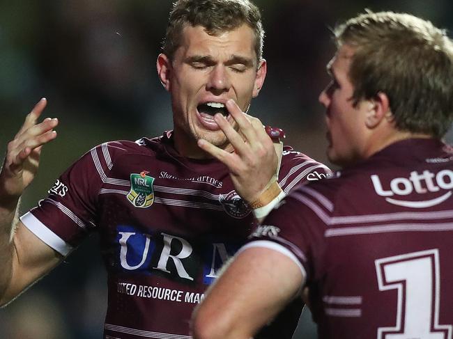 Manly's Tom Trbojevic shows his frustration after a Roosters try during the Manly v Roosters NRL match at Lottoland, Narrabeen. Picture: Brett Costello