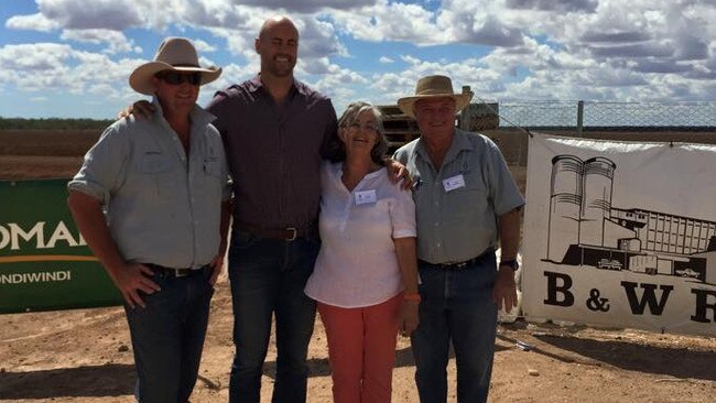 One of the few public images of Rob and Jennie Reardon (left), seen here with Tristram Hertslet (right) and special guest speaker Nathan Sharpe at Worral Creek in 2016. Picture: Facebook/MacIntyre Valley Cotton Field Day Committee.