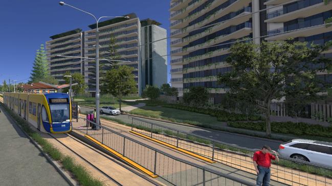 Artist impression of Gold Coast Light Rail Stage 4 passing through Palm Beach. The light rail has been named as a major reason behind the dramatic increase in land values.