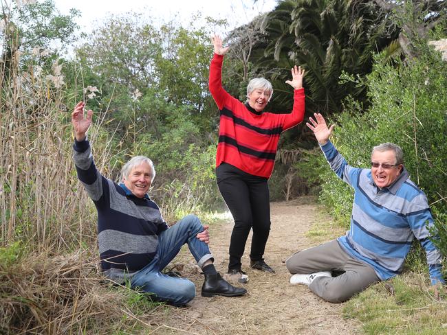 Locals Bruce Hurley, Alison Dumaresq and Jeff Wilson on the Lakes Entrance Walk, which will be upgraded to build community resilience and enable environmental tourism. Picture: Alex Coppel.