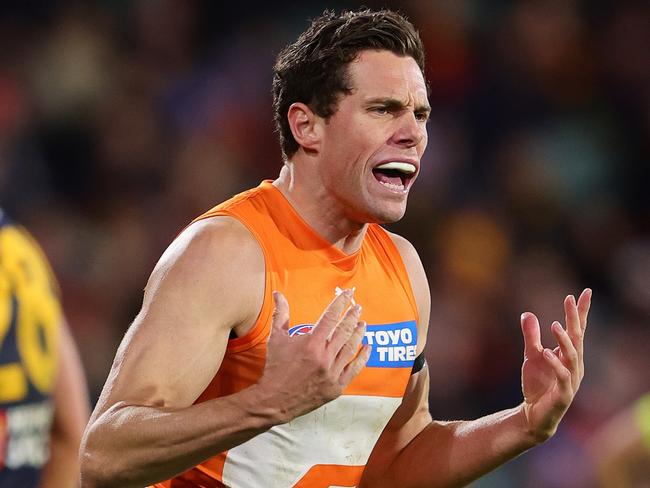 ADELAIDE, AUSTRALIA - JUNE 29: Josh Kelly of the Giants celebrates a goal and tries to encourage team mates during the 2024 AFL Round 16 match between the Adelaide Crows and the GWS GIANTS at Adelaide Oval on June 29, 2024 in Adelaide, Australia. (Photo by Sarah Reed/AFL Photos via Getty Images)