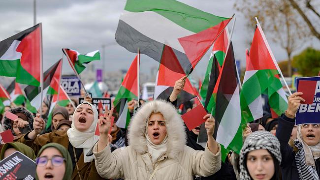 Protesters march to allow the Conscience ship, held up in Istanbul, to go to Gaza. They are protesting a government decision to block aid. Photo by Yasin AKGUL / AFP