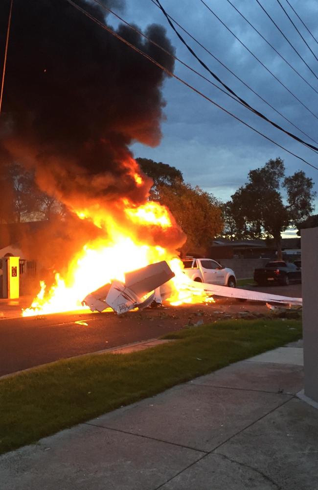 The plane took out powerlines before the fiery crash landing. Picture: 7 News