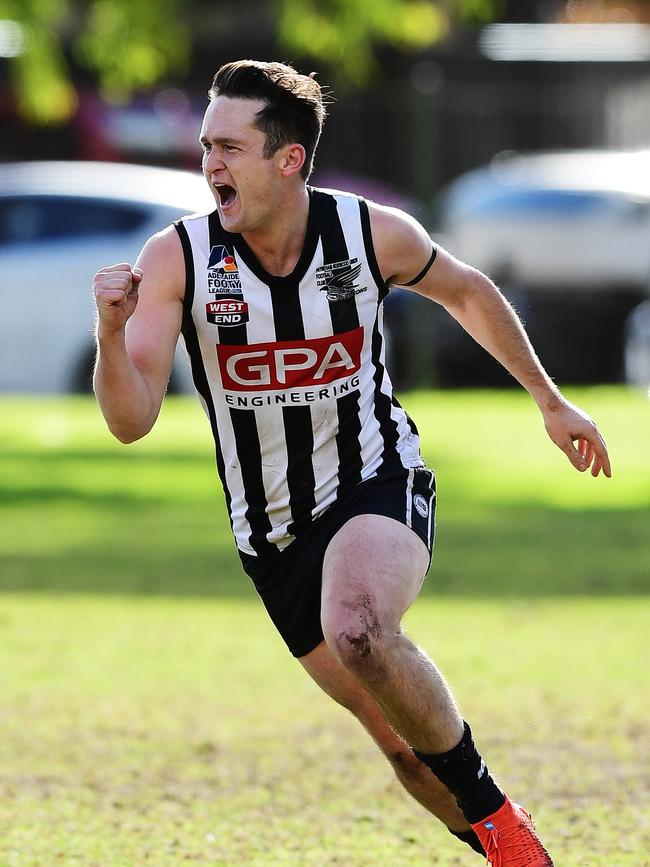 Alex Forster celebrates a goal. The Falcons forward has been in brilliant form in division one this season. Picture: AAP/Mark Brake