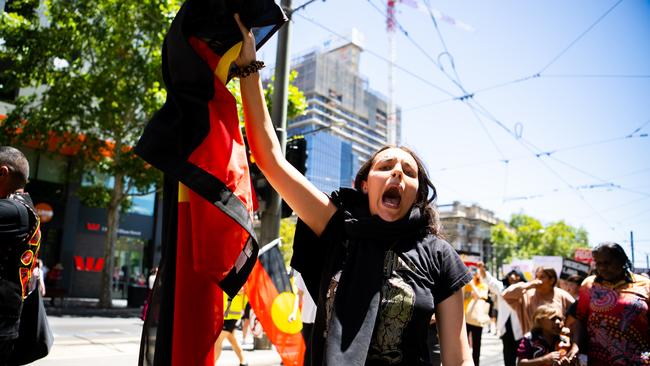 Kaurna Yarta: Scenes from a Survival Day march at Tarndanyangga/Victoria Square, through to King William St in the CBD. Picture: NCA NewsWire/Morgan Sette