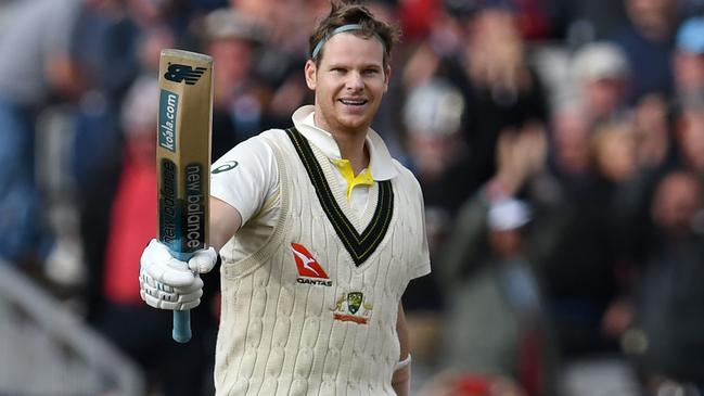 Steve Smith raises his bat after reaching 200 during the fourth Ashes Test. Picture: AFP