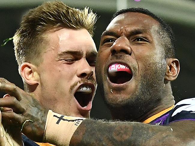 MELBOURNE, AUSTRALIA - SEPTEMBER 14: Suliasi Vunivalu of the Storm celebrates  scoring a try during the NRL Qualifying Final match between the Melbourne Storm and the Canberra Raiders at AAMI Park on September 14, 2019 in Melbourne, Australia. (Photo by Quinn Rooney/Getty Images)