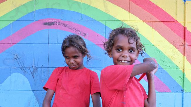 Kirsty-Lee, 8, and Eden Pareroultja, 7, spend their afternoons at the Hidden Valley community centre. Picture: Riley Walter