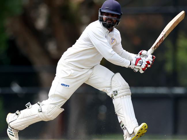 Sahan Perera of Noble Park bats during the Victorian Sub-District Cricket Association North East 1st XI Round 5 match between Noble Park and Brunswick at Noble Park Reserve, on November 16, 2024, in Melbourne, Australia. (Photo by Josh Chadwick)