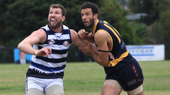 Ex-AFL ruckmen Jake Spencer (Doncaster) and Zac Clarke (Doncaster East) rank high among the comp’s best after three rounds. Picture: Davis Harrigan