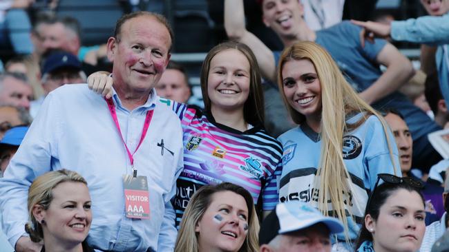 Phil Buzz Rothfield with daughter Emma Rothfield and Jae Withers at the Grand Final between Cronulla Sharks and Melbourne Storm. Picture: Toby Zerna