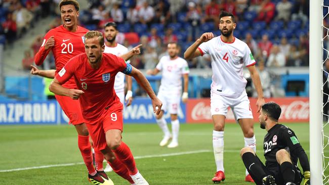 Harry Kane celebrates after scoring his team's first goal during the 2018 FIFA World Cup. Picture: Getty Images