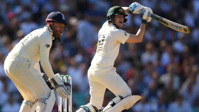 Steve Smith works Jack Leach away. Picture: Getty Images