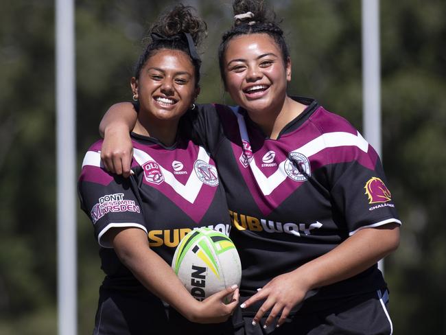 Rugby players Georgina Tuitaalili 17 and  April Ngatupuna 17 pose for a photograph at Marsden State High School, Thursday August 6, 2020. (Image Sarah Marshall)