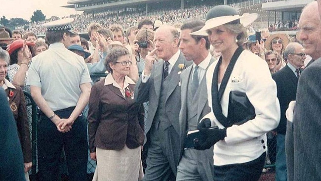 Diana, Princess of Wales, and the then Prince Charles at the 1985 Melbourne Cup.