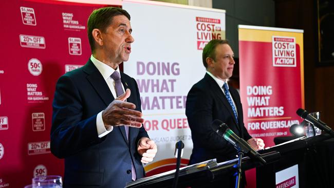 The Doing What Matters slogan was on display for the state budget with Treasurer Cameron Dick (left) and Premier Steven Miles.