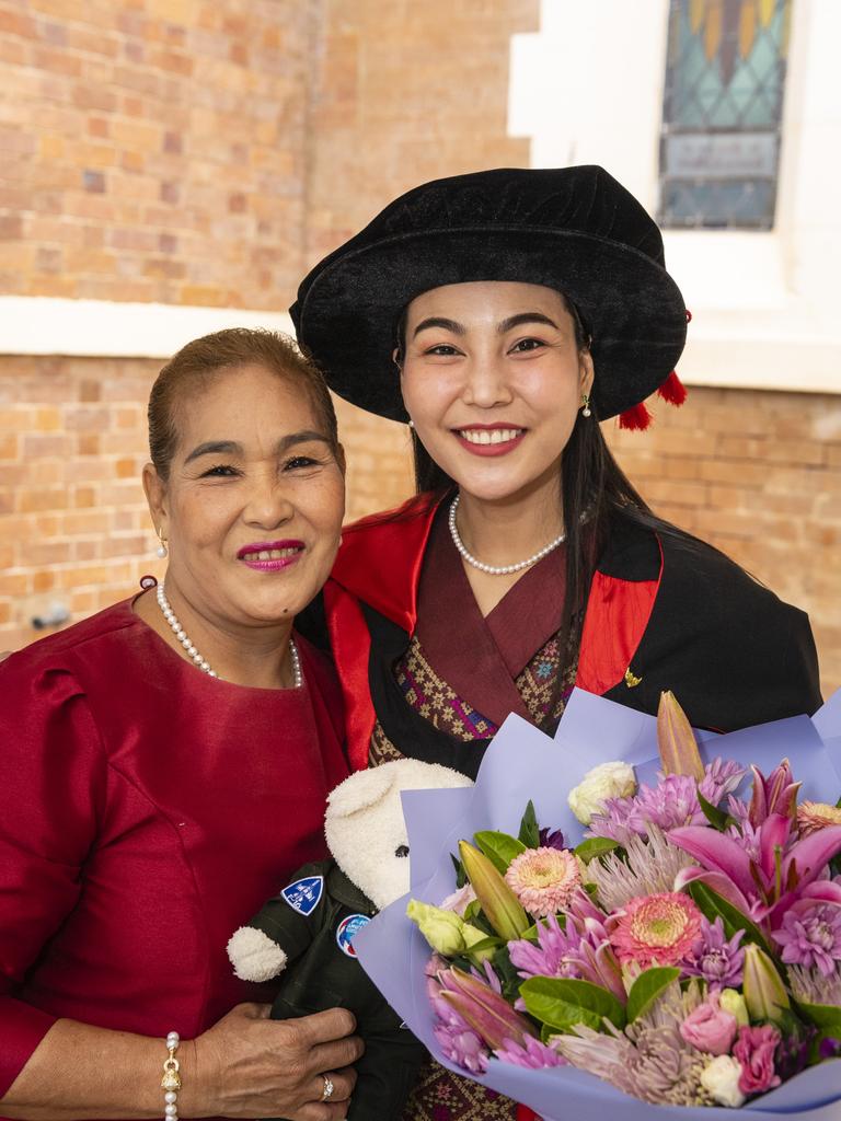 Doctor of Philosophy graduate Maneerat Tianchai with mum Nuanmanee Termthanam at the UniSQ graduation ceremony at Empire Theatres, Tuesday, December 13, 2022.