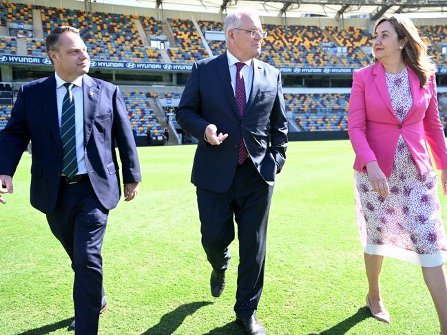 Brisbane Lord Mayor Adrian Schrinner, Prime Minister Scott Morrison and Queensland Premier Annastacia Palaszczuk said they could work constructively together. Picture: NCA NewsWire / Dan Peled