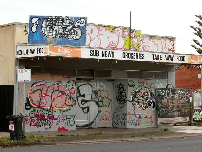 The heavily graffitied former milk bar on Roslyn Rd Belmont near the Roberts Rd intersection. Picture: Alison Wynd