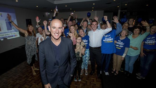 Stuart Robert celebrates his victory in the seat of Fadden at the Labrador Tigers Sports Club. Picture: Jerad Williams