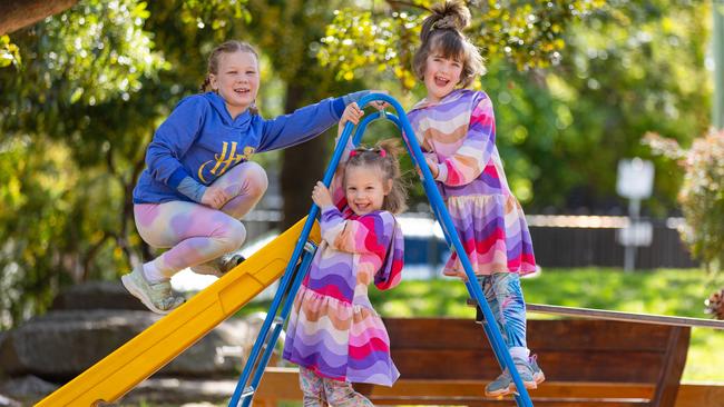 L-R Rhiannon, 9, Kayley, 5, and Jasmine, 7.Victoria's first Saturday Kinder program. Glen Education McKinnon Kindergarten offers 3yo and 4yo kinder on Saturdays to help parents who might have to work on the weekend. Picture: Jason Edwards