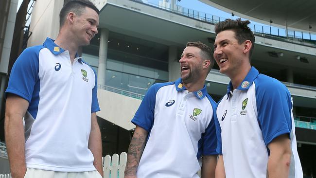 Peter Handscomb, Matthew Wade and Nic Maddinson share a laugh before the third Test. Picture: Getty Images