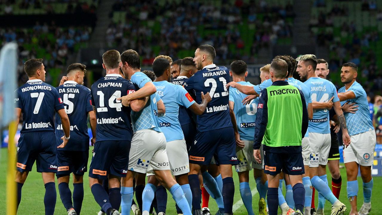 A scuffle between players marred the A-League Men round 17 match between Melbourne City and Melbourne Victory at AAMI Park. Picture: Morgan Hancock/Getty Images.