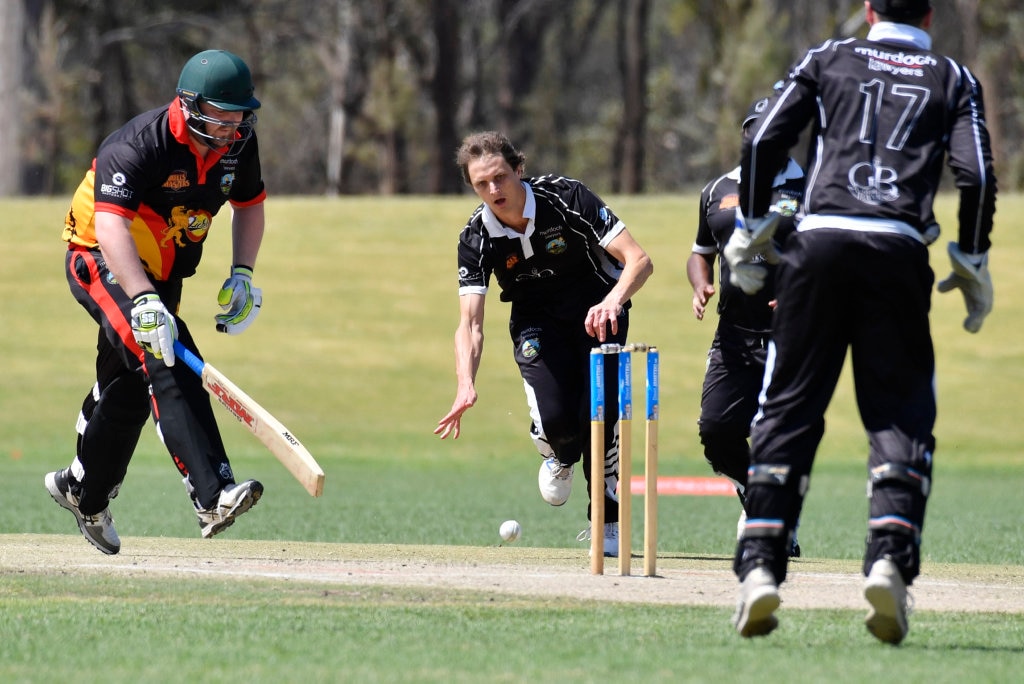 Liam Moffett of Liebke Lions is safe from Pieter Van der Kooij of George Banks Umbrellas in Darling Downs Bush Bash League (DDBBL) round five T20 cricket at Highfields Sport Park, Sunday, October 20, 2019. Picture: Kevin Farmer