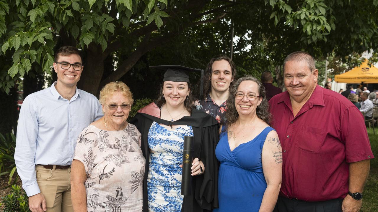 Bachelor of Education (Secondary) graduate Alexis Wendt with (from left) James Nardello, Anne Hampson, Lachlan Wendt, Lynette Wendt and David Wendt at a UniSQ graduation ceremony at Empire Theatres, Tuesday, February 13, 2024. Picture: Kevin Farmer