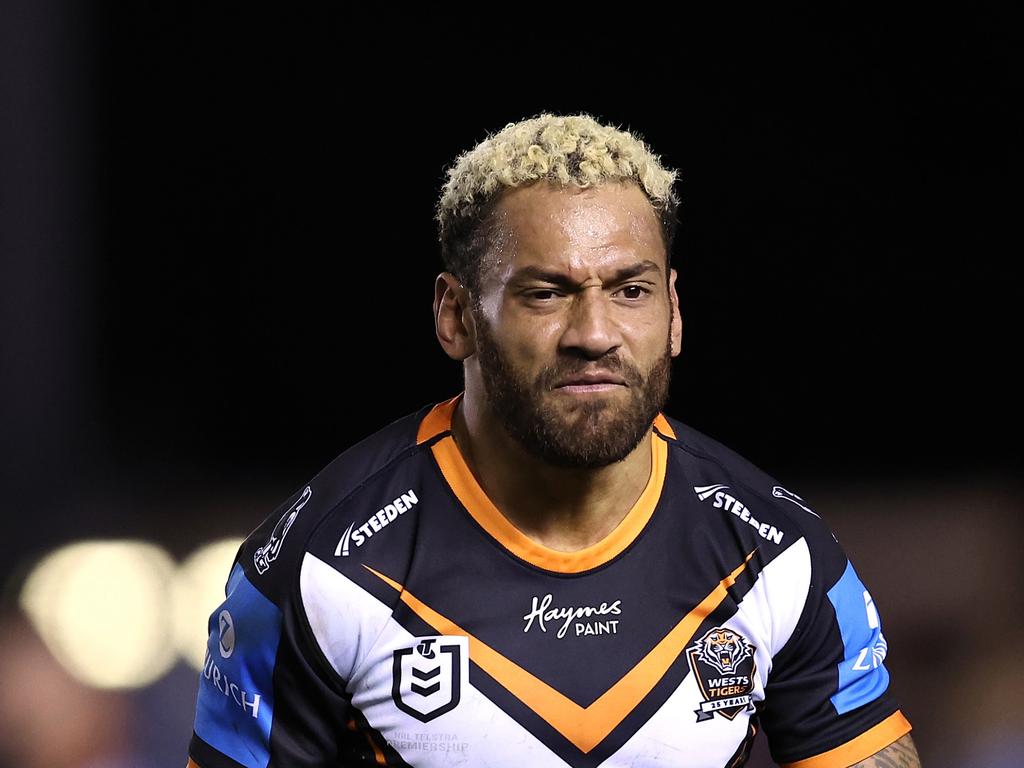 SYDNEY, AUSTRALIA – JULY 12: Apisai Koroisau of the Wests Tigers reacts after being sent to the sin-bin during the round 19 NRL match between Cronulla Sharks and Wests Tigers at PointsBet Stadium on July 12, 2024, in Sydney, Australia. (Photo by Brendon Thorne/Getty Images)