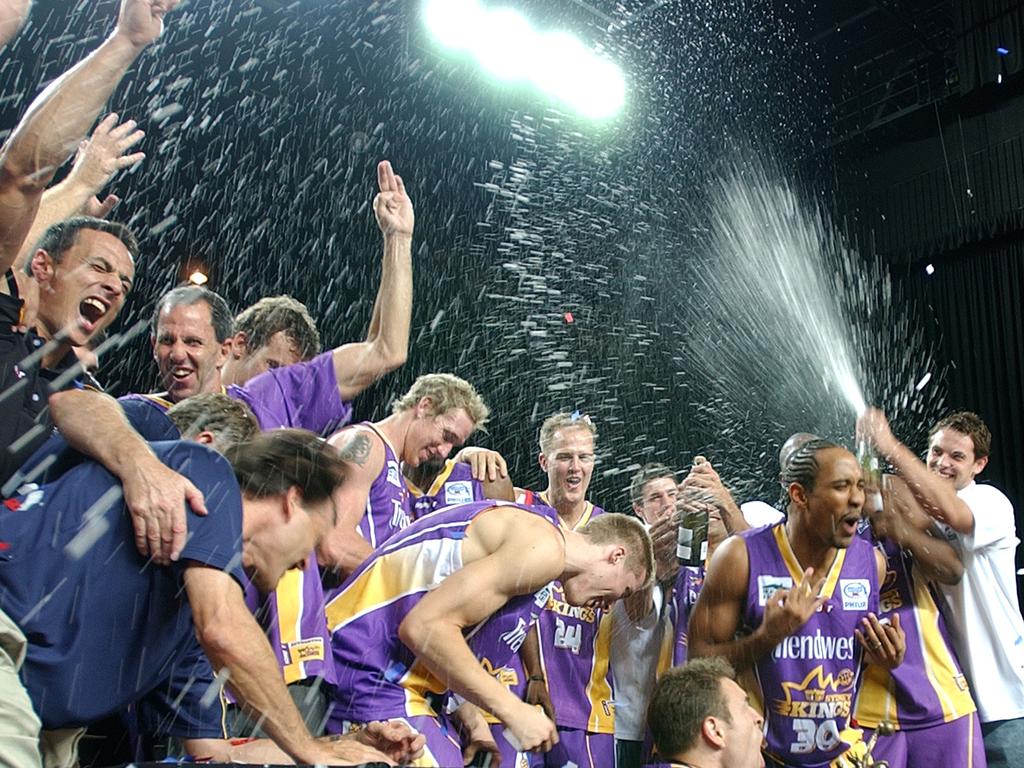 The Sydney Kings celebrate winning the 2005 NBL championship.