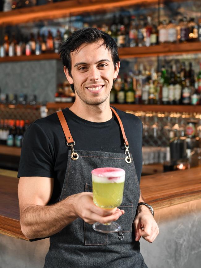 Galah Bar bar manager Renato Tonelli with his signature cocktail, the Botanique. Picture: Penny Stephens.