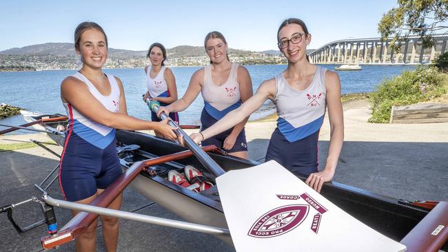 Collegiate rowers Ava Parsons 15, Molly Ferguson 15, Eliza Shelley 17 and Rosie Forsyth 17 ahead of the Royal Hobart Regatta. Picture: Chris Kidd.