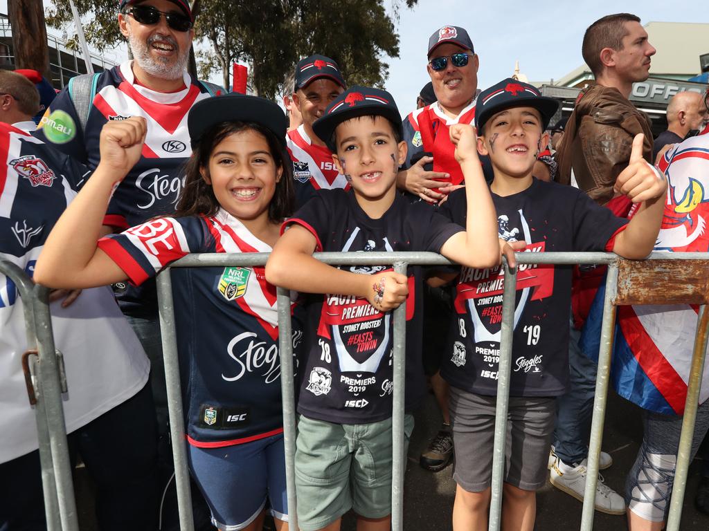 Young Roosters fans pictured at the Sydney Roosters fan morning at Moore Park after the Roosters win in the 2019 NRL Grand Final. Picture: Richard Dobson